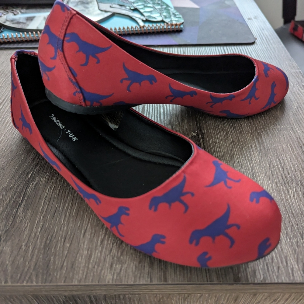 T.U.K. x Modcloth Red Dinosaur Ballet Flats (Size 9) - Like New!